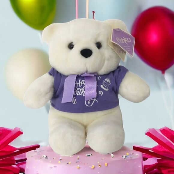 Happy Birthday Teddy Bear Plush Oshko Purple White Polar Stuffed Animal Soft Tag - Picture 1 of 16